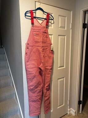 Duluth Trading Co Red and White Striped Women’s Overalls with Red Straps